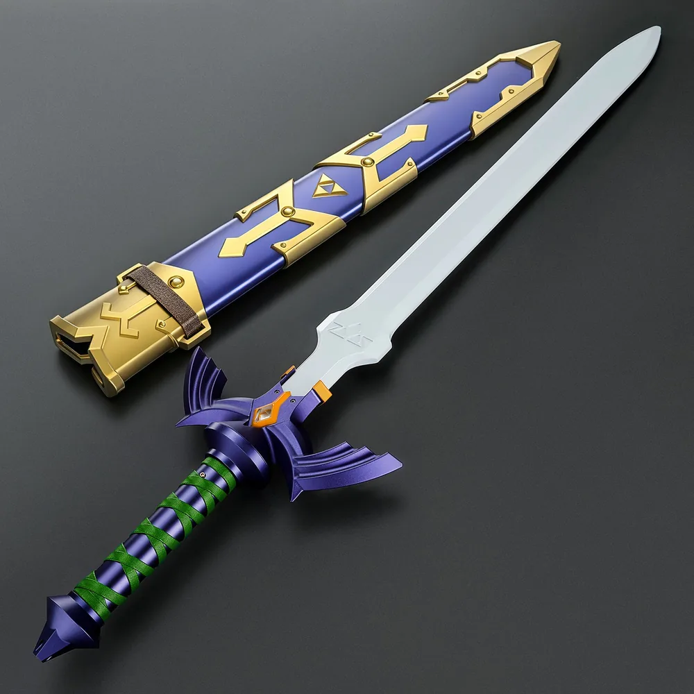 Shadow Sealer hilt and unlit blade photographed alongside a decorative blue and gold scabbard