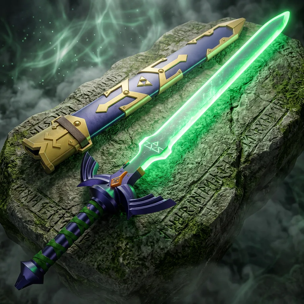 NEO Sabers Shadow Sealer with its blade lit green, resting against a mossy rune-carved stone